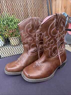 wonder nation Brown Western Kids Cowboy Boots with Pink Trim